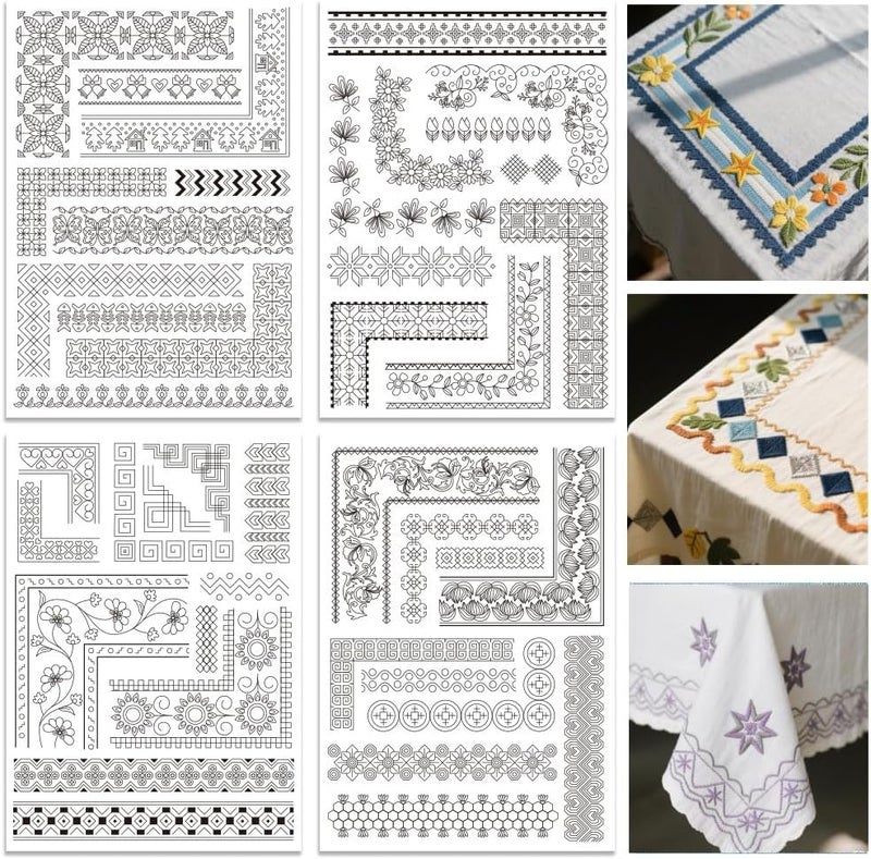 ORIGACH 4 Sheets Water Soluble Embroidery Patterns Stabilizers - Pre-Printed Borders & Motifs Designs - Stick & Stitch Embroidery Paper for Hand Sewing Lovers - Image 1